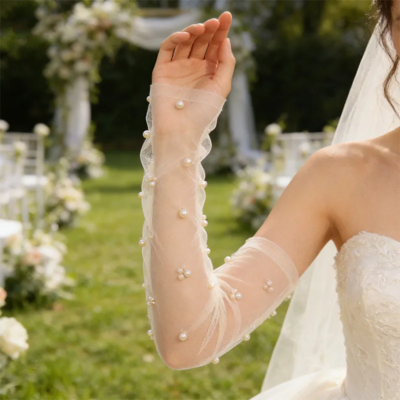 Elegant Bridal Replicated Pearl Gloves 1 Pair Removable Elbow Length Wedding Accessories Women Bridal Party DIY Gloves