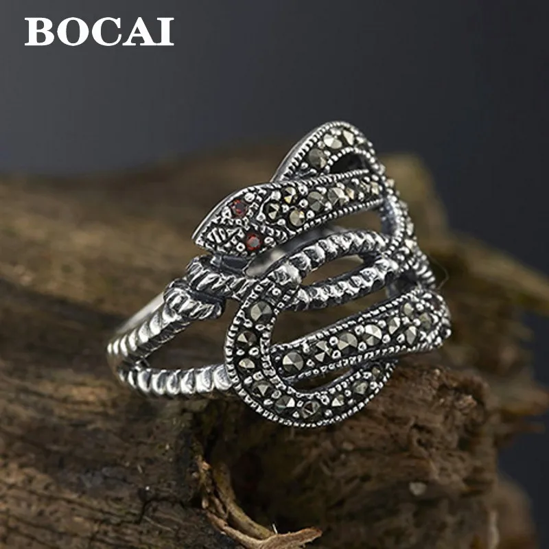 

BOCAI wholesale Real S925 Silver Jewelry Set with Marseille Stone Pomegranate Red Stone Retro Fashion Snake Men's Ring