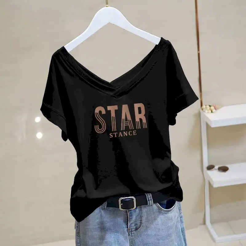 100% Cotton T-shirts Women Fashion V-neck Letter Printed T Shirt Casual Loose Short Sleeve Tops Summer Trend Thin Tshirt Y2k Top