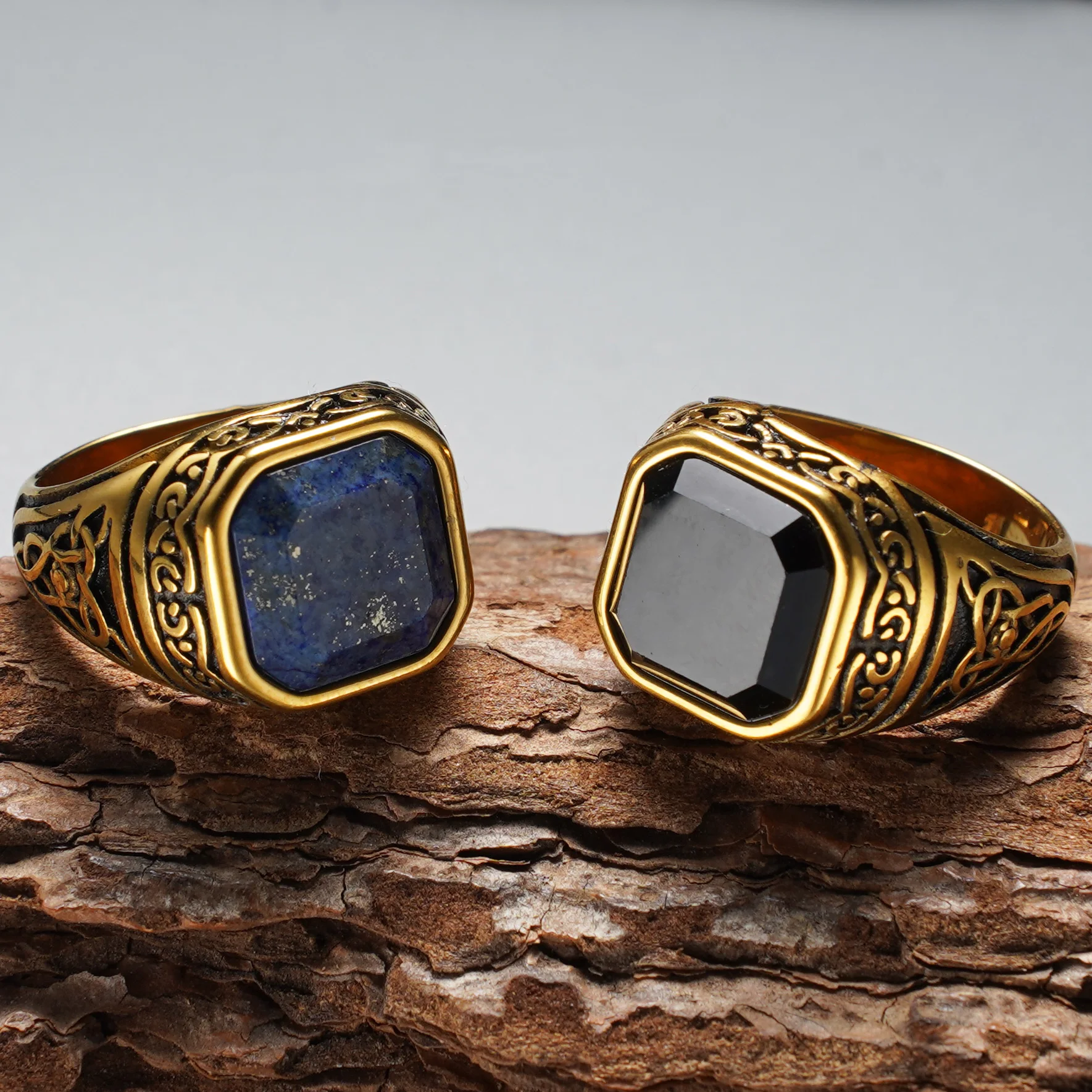 Vintage Keltischer Gravierter Quadratischer Facettierter Lapislazuli Herrenring, Vergoldeter 316L Edelstahl Trendiger Statement-Schmuck – Detail 2