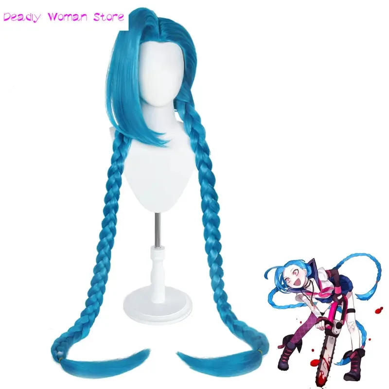 

High quality lol jinx cosplay wig 120cm blue braided The Loose Canon wig heat resistant synthetic hair wigs cap