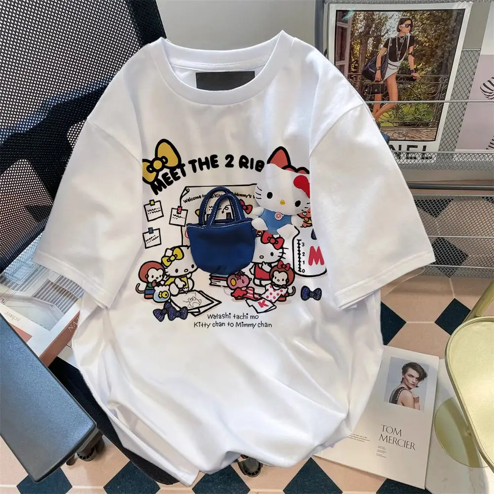 2024 Hello Kitty Sanrio T-shirt Kawaii Cartoon Print Cotton Tops O-neck Oversized Shirts Streetwear Splicing Top Women Clothing