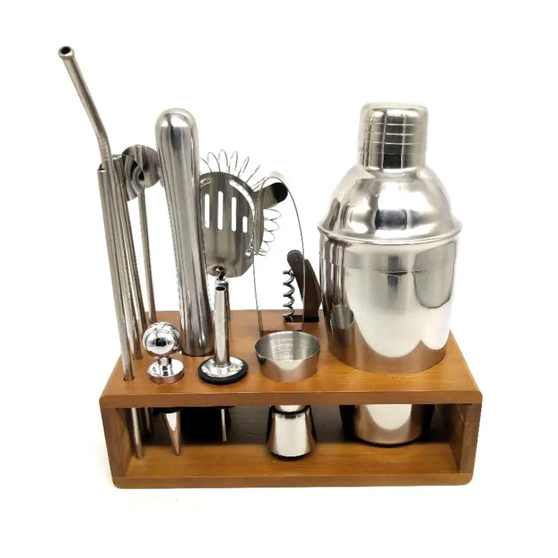 New Top Seller Cocktailshaker Set 13 Piece Bartender Kit Home Bar Set with Bamboo Stand Stainless Steel Cocktail Shaker Set