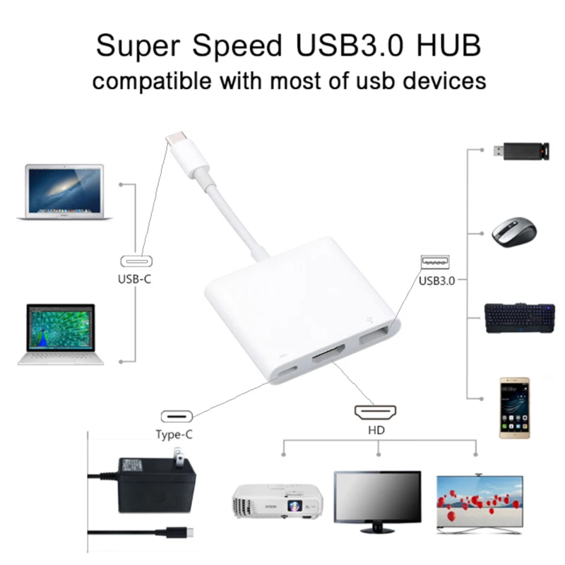 Cable USB HUB tipo C a HDMI, Adaptador convertidor 4K a HD-MI/USB 3,0/Tipo C para PC, portátil, MacBook, Huawei Mate 30