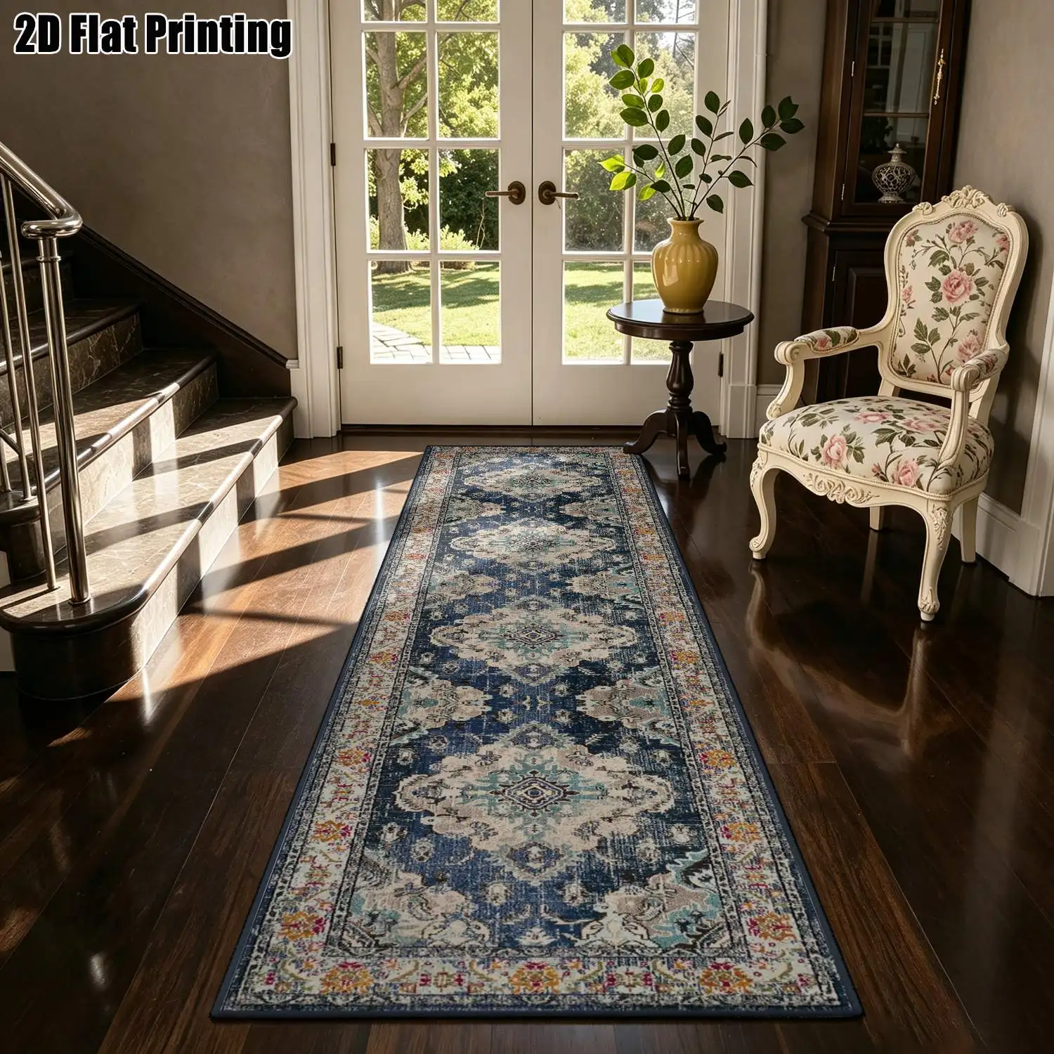 1Pc 2D Printed Long Strip Rug: Blue-White Retro Geometric Pattern, European & Bohemian Style, Machine Washable, Multi-Size, Ideal for Corridor, Entrance, Living Room, Bedroom Home Decor