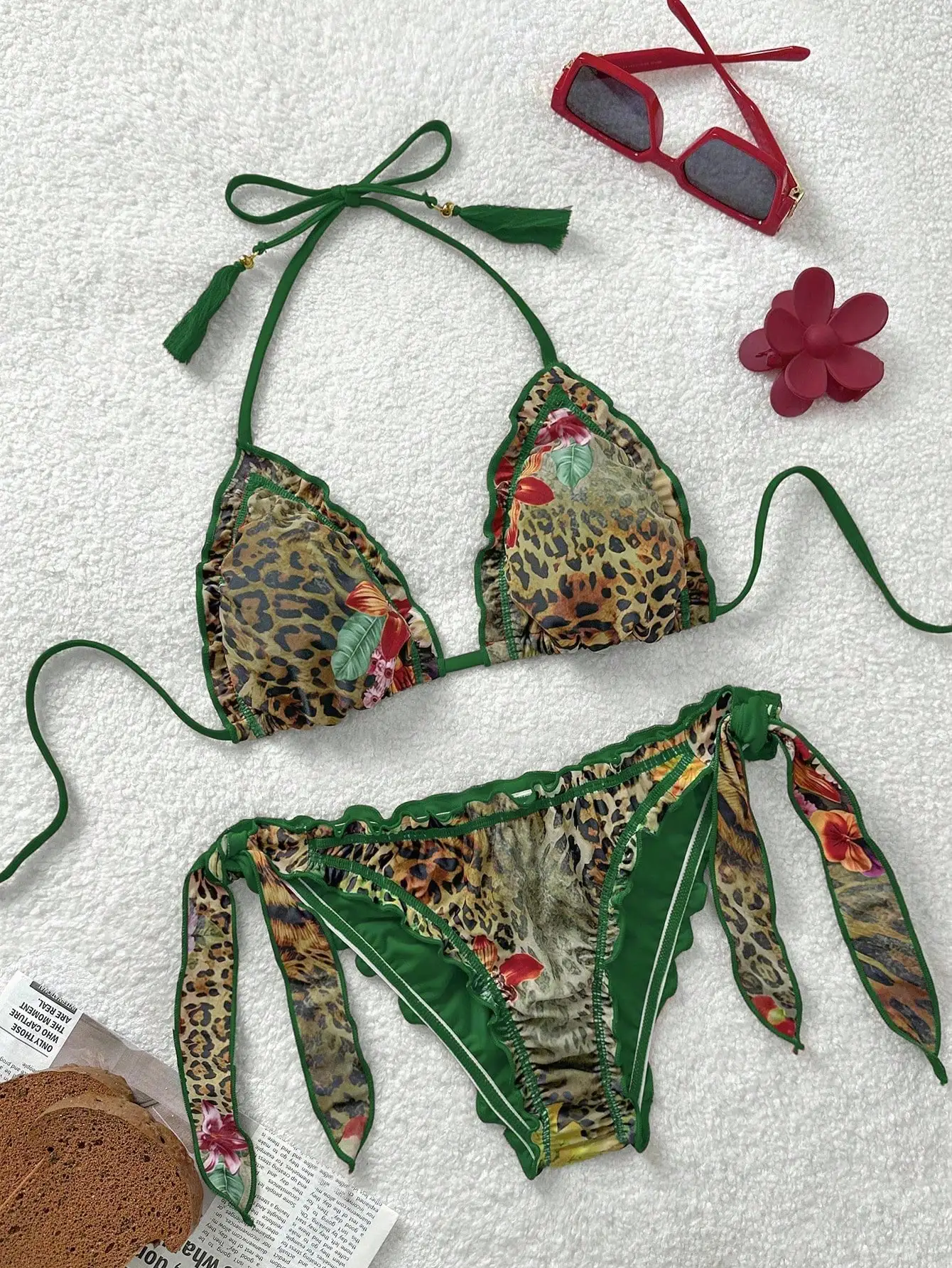 

Женский винтажный комплект бикини с леопардовым цветочным принтом, рюшами, завязками и бахромой для пляжа
