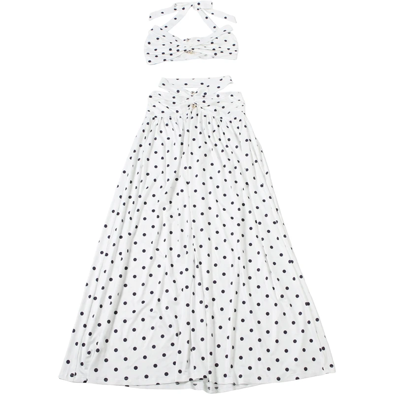 Nibber Chic Vacation 2-teiliges Set für Damen mit Polka-Dot-Print, sexy Neckholder-Bandagen-Crop-Tops mit Schrägausschnitt + hohler, geraffter Rock, Trendanzüge – Detail 3