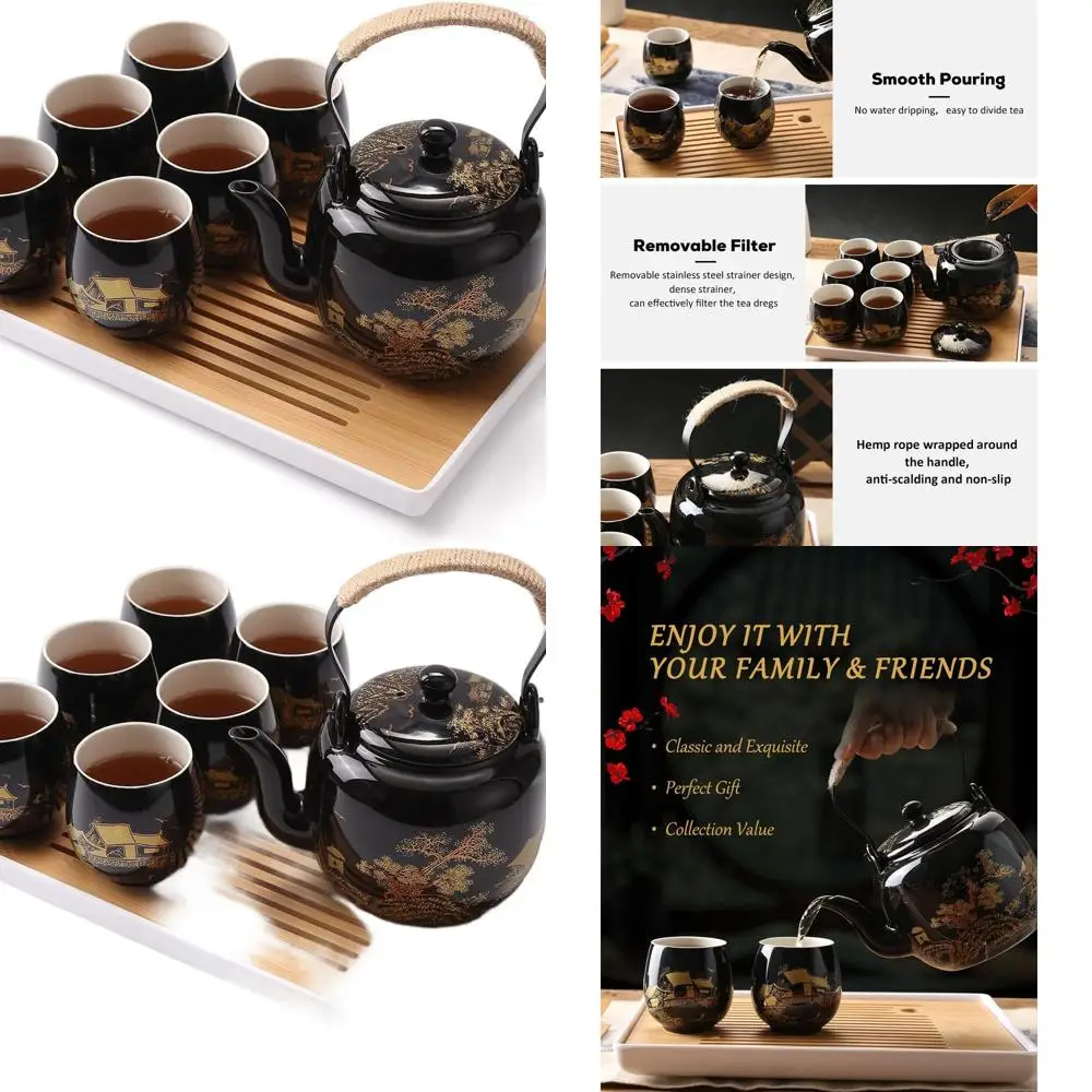 

Elegant Black Porcelain Japanese Tea Set for Adults, Includes 1 Teapot, 6 Cups, Tray, Infuser, Golden Countryside Design
