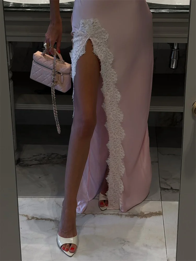 Tossy Kant Elegante Patchwork Lange Jurk Voor Vrouwen Backless Lace-Up Satijn Slanke Feestjurk Avond Vrouwelijke Bandage Maxi Jurk 2025