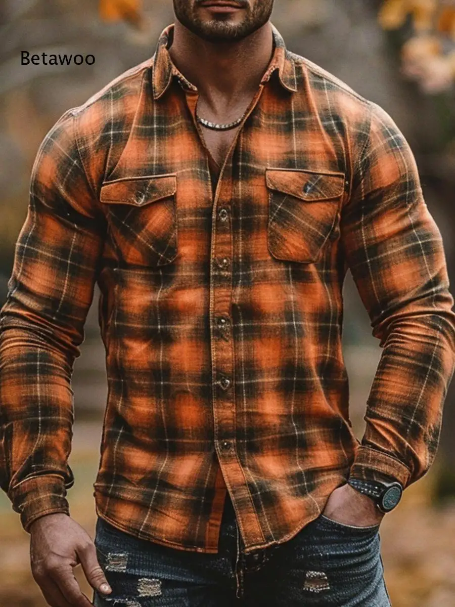 Men Casual Plaid Flannel Button Up Shirt Lapel Collar Long Sleeve With Chest Pockets For Cool Weather Multi Scene Daily Wearing