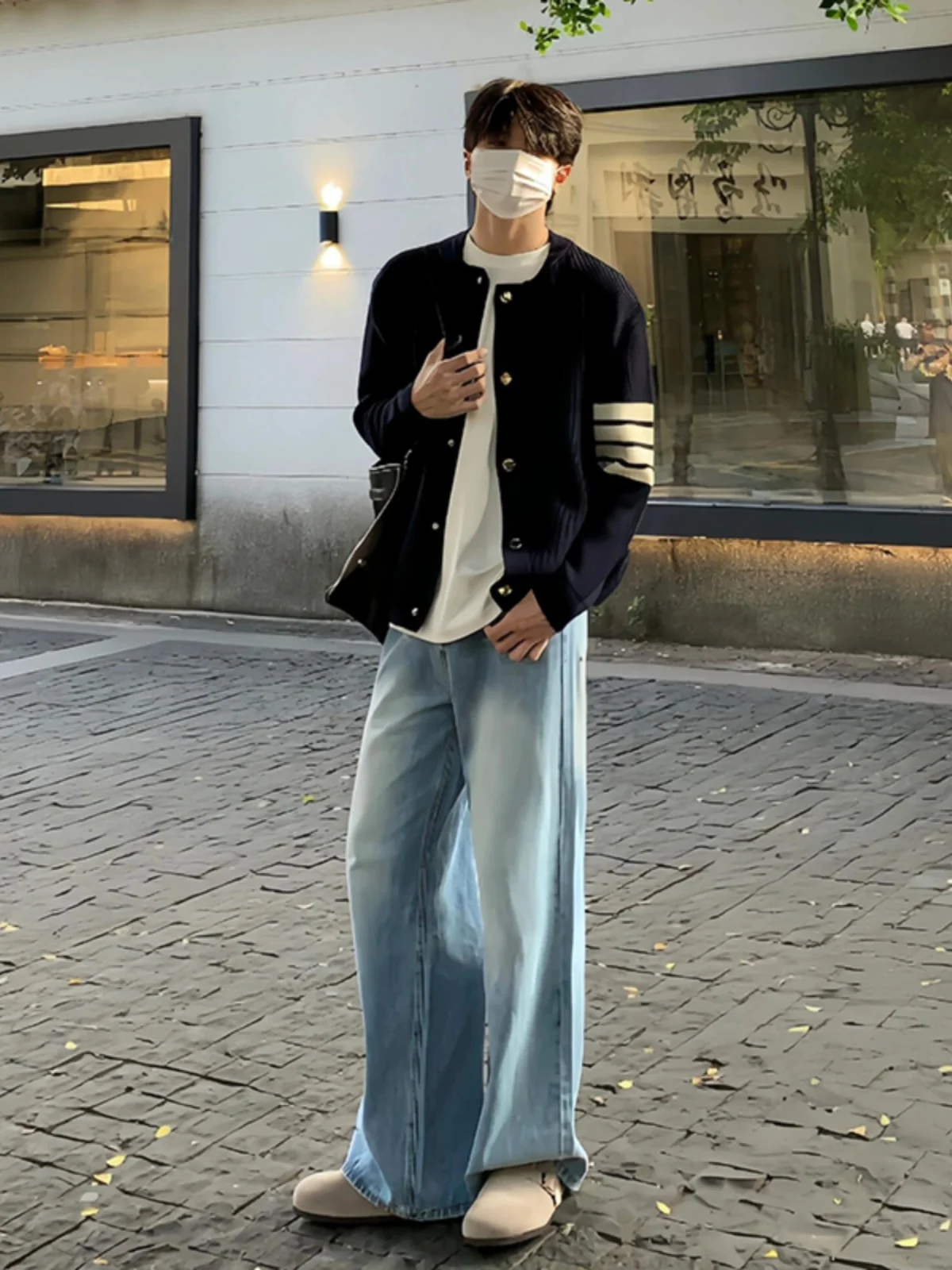 

Мужской вязаный кардиган свободного кроя в американском ретро-стиле, синий, с длинными рукавами, в полоску, для повседневной носки