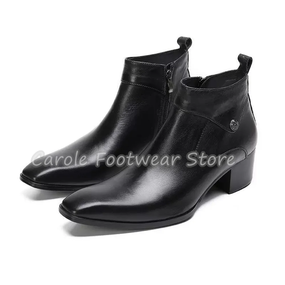 Vintage Square Toe Genuine Leather Ankle Boots Male High Top Chunky Heel Chelsea Boots Side Zipper Height-Increased Short Boots - view 5