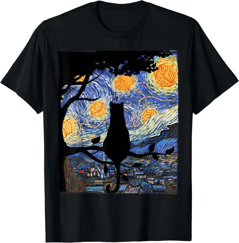 Cat Art, Van Gogh Starry Night Cat, Cat Owner, Cat Lover T-Shirt Anime Graphic T-shirts Y2K Tops Unisex Summer Short Sleeve