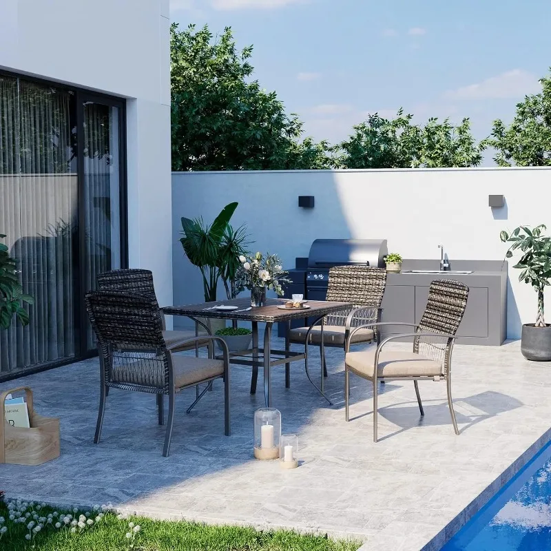 Outdoor 5-Piece Patio Dining Set, Weather Resistant PE Rattan Table and Chairs, Comfortable Cushions