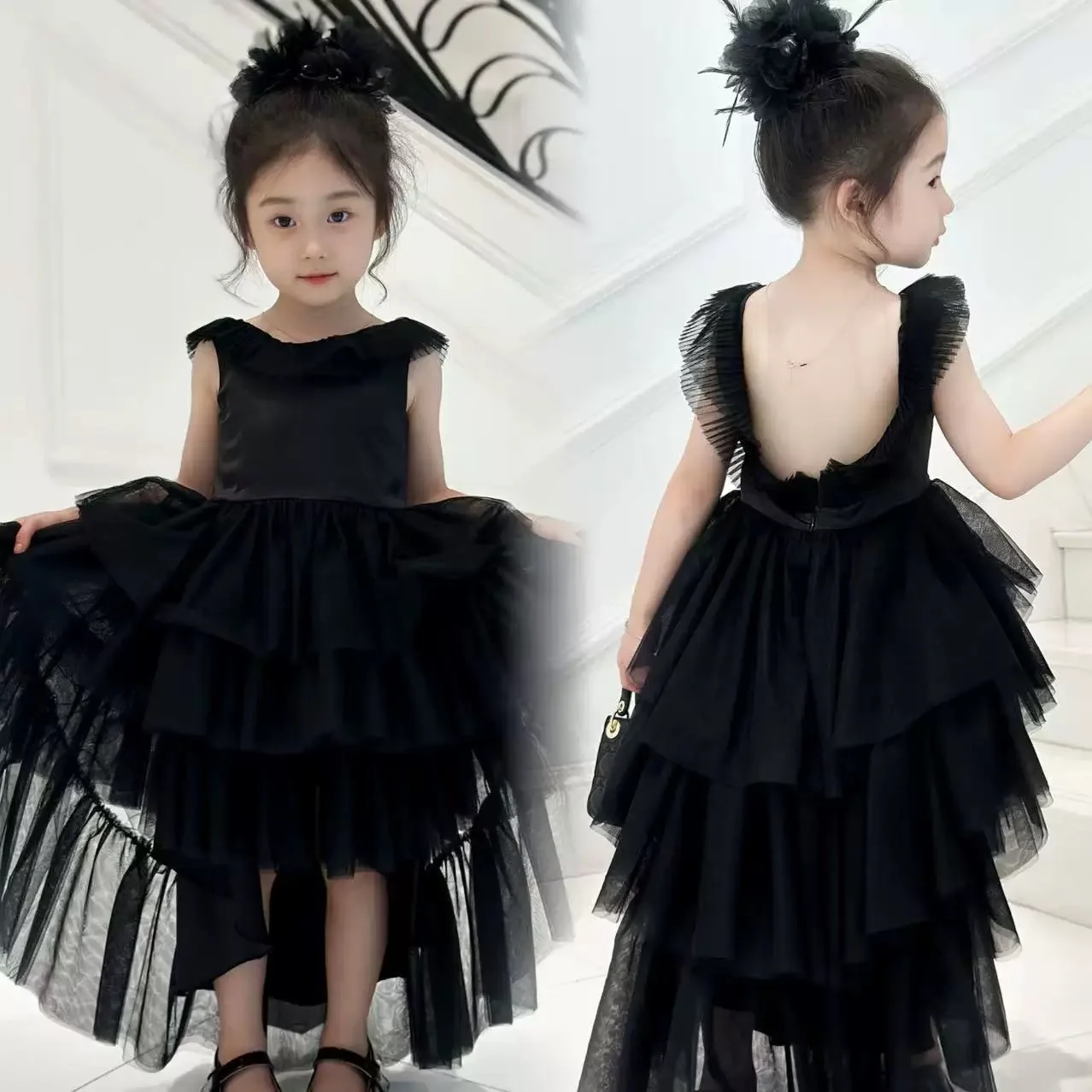 

2025 Summer New Children's and Baby Girls' Evening Dress with High Luxury and Large backless Small Black Dress