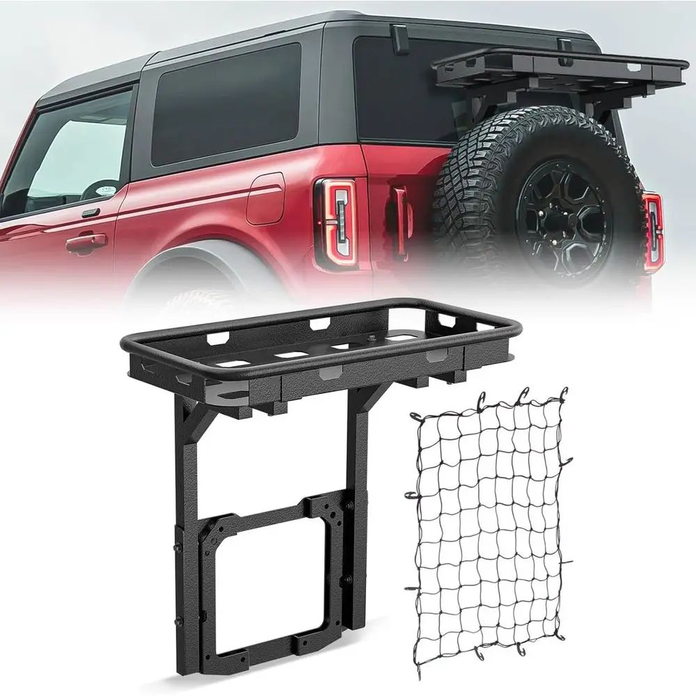 Rear Cargo Basket for Ford Bronco, Spare Tire Rack, Large Storage Carrier (2/4 Door, Bolt-On)
