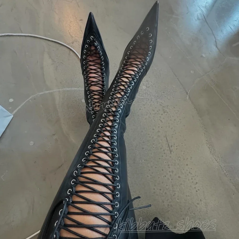 Hollow Knee High Boots Leather Solid Color Novelty Fashion Elegant Sexy Luxury Concise Women Shoes Pointed Toe Thin Heel Newest