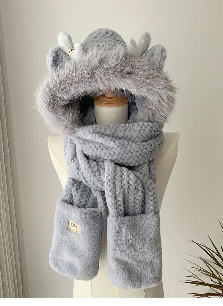Fashion Elk Antlers Plush Hat Scarf Gloves Women's Winter Ear Protector Thickened Lei Feng Hat Cycling Ski Cap Wind Proof