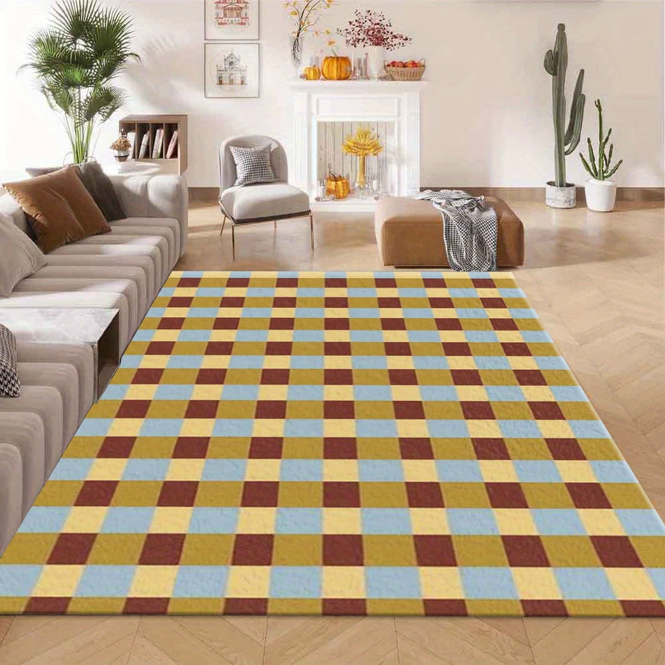 Vintage Checkered Plaid Area Rug Soft Carpet