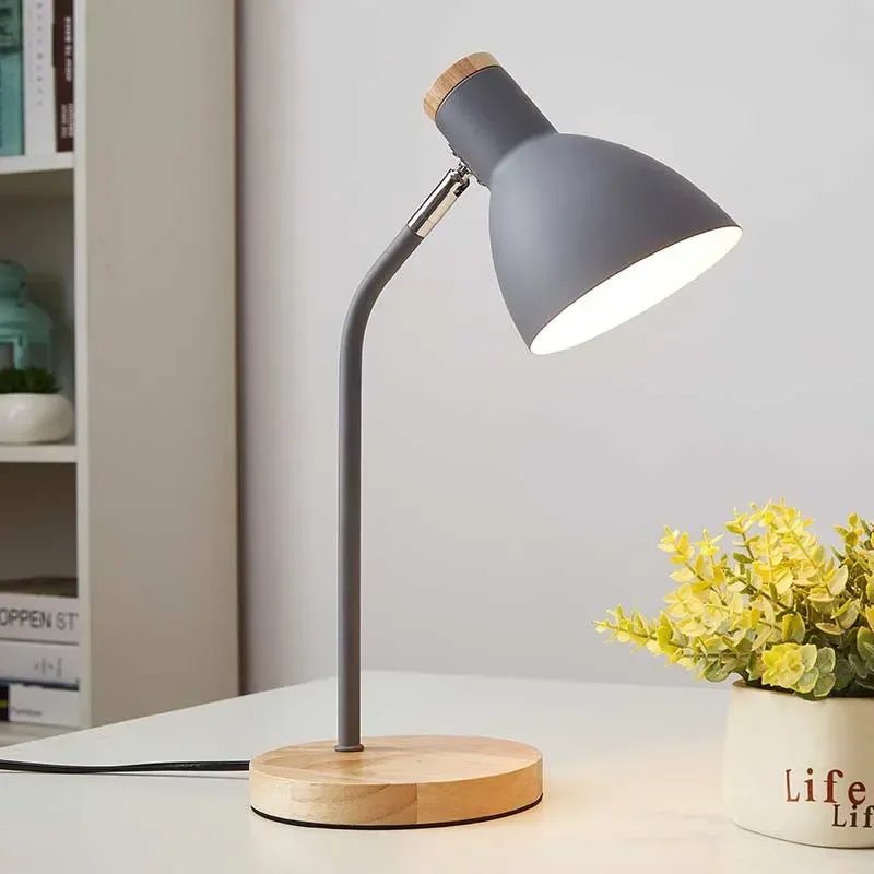 Lámpara de mesa creativa de madera, luz de escritorio nórdica flexible, arte, luces LED simples E27/protección ocular, lectura y sala de estar,