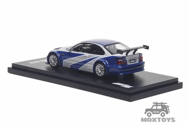 AR Box 1:64 M3 E46 فضي مع شرائط زرقاء NFS Diecast Model Car #3