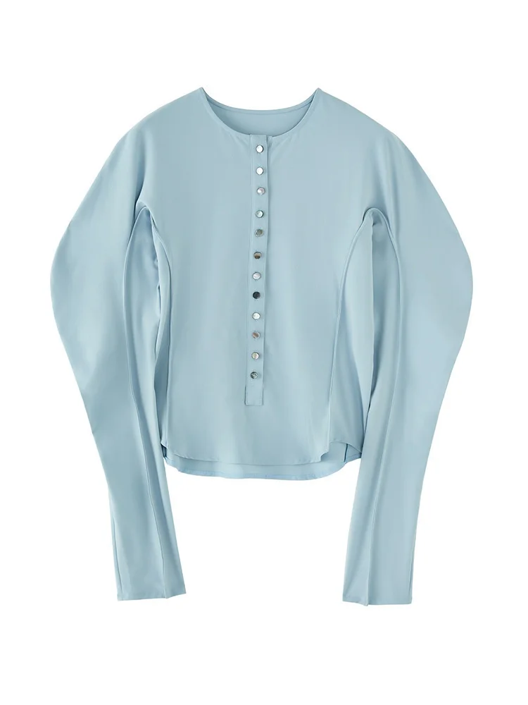 LANMREM-camisa de diseñador de moda para mujer, blusa elástica de manga larga con cuello redondo y botonadura única, novedad de primavera 2024,