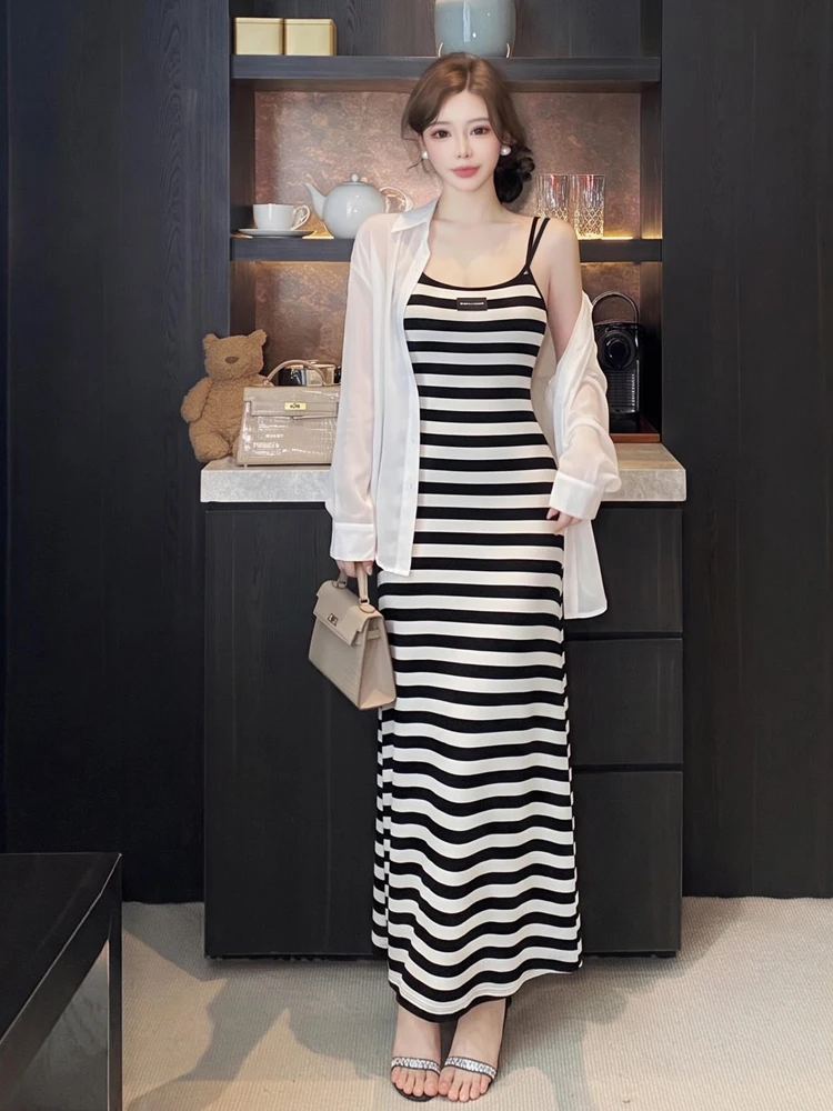 Fashionable Korean Style Striped Crop Top And Skirt Set Sexy Backless Sun Protection Women's Autumn New Arrival Outfit