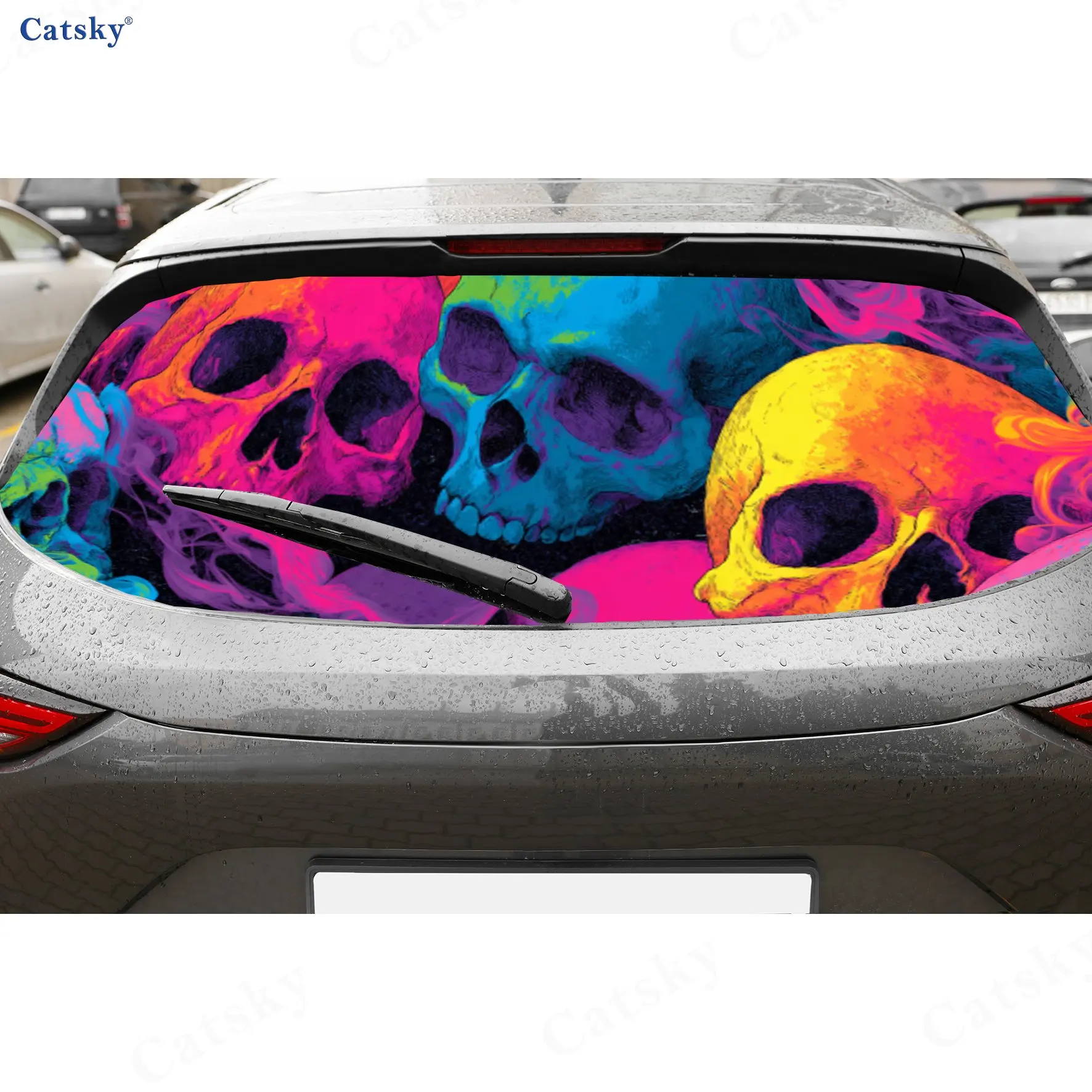 

Neon Smoke Skull Colorful Adventure PVC Perforated Car Vinyl Wraps, Durable Car Rear Windshield Sticker, Waterproof Car Rear Win