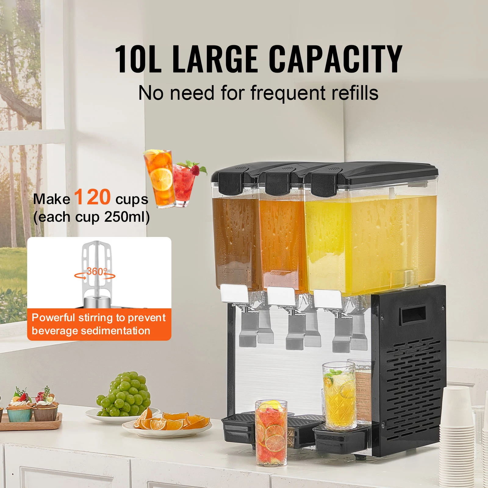 SucceBuy 3 Tanks Commercial Beverage Dispenser 10L/18L Per Tank Juice Dispenser Stainless Steel Ice Tea Drink Machine for Drink
