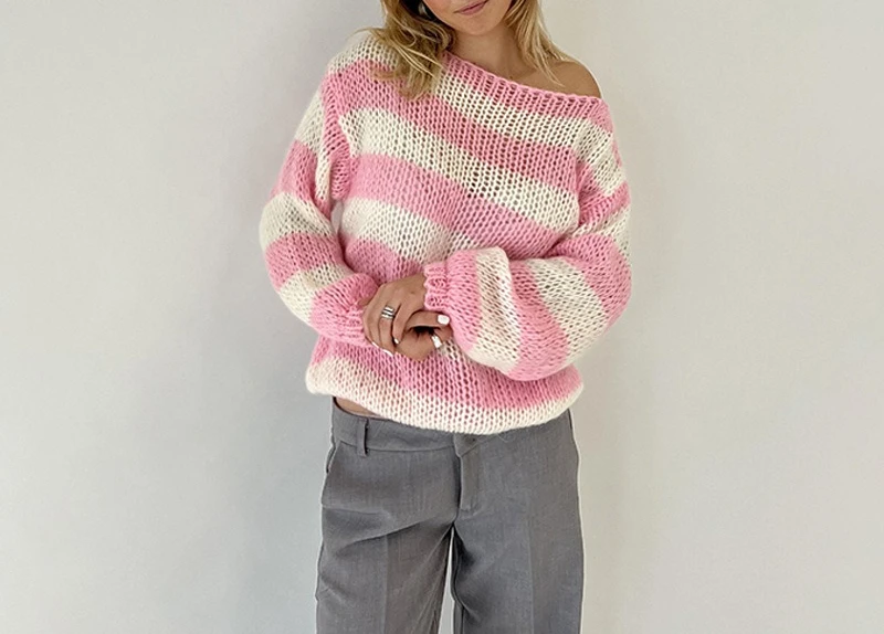 2025 hiver nouveau pull femmes col rond rayé ample paresseux polyvalent à manches longues tricoté pull