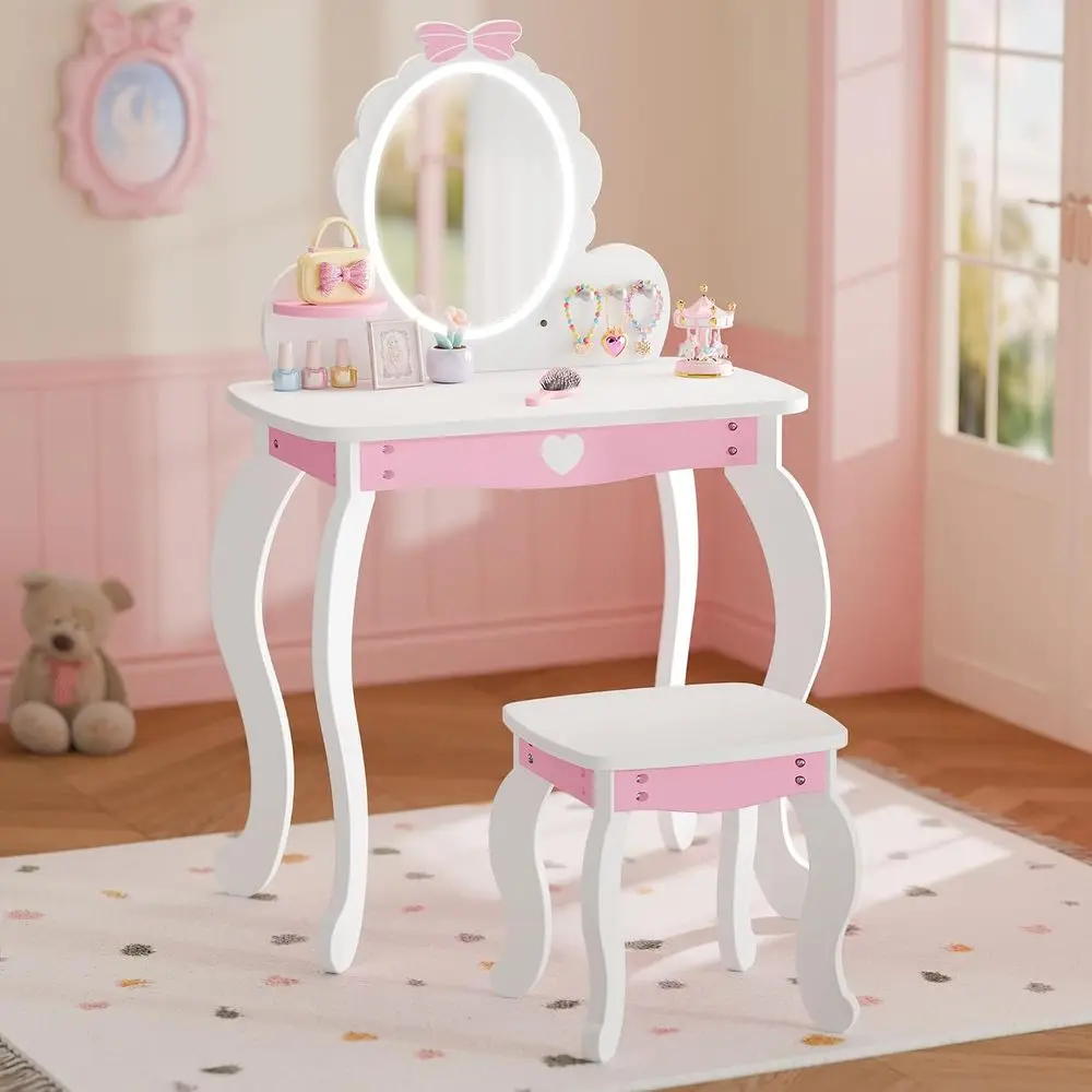 MU Kids Vanity Set with Lighted Mirror and Stool, Kids Makeup Vanity Desk with Storage Space, Bow or Girls, Toddler PrincMakeup