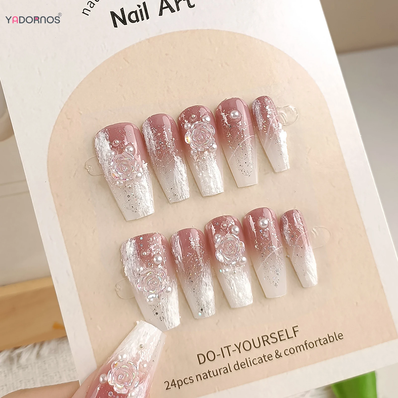 Unhas postiças rosa conjunto com desenhos de camélia e pérolas, feitos à mão, pressione, unhas, longo, balé, wearable, 10pcs