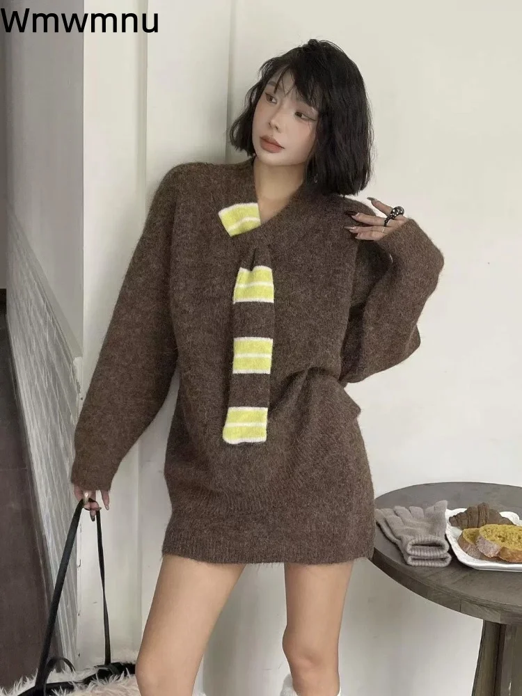 المرقعة فضفاض محبوك سترة Conjuntos المرأة عادية الكورية موضة مخطط مجموعات لينة تنورة قصيرة فضفاضة 2 قطعة مجموعة #1