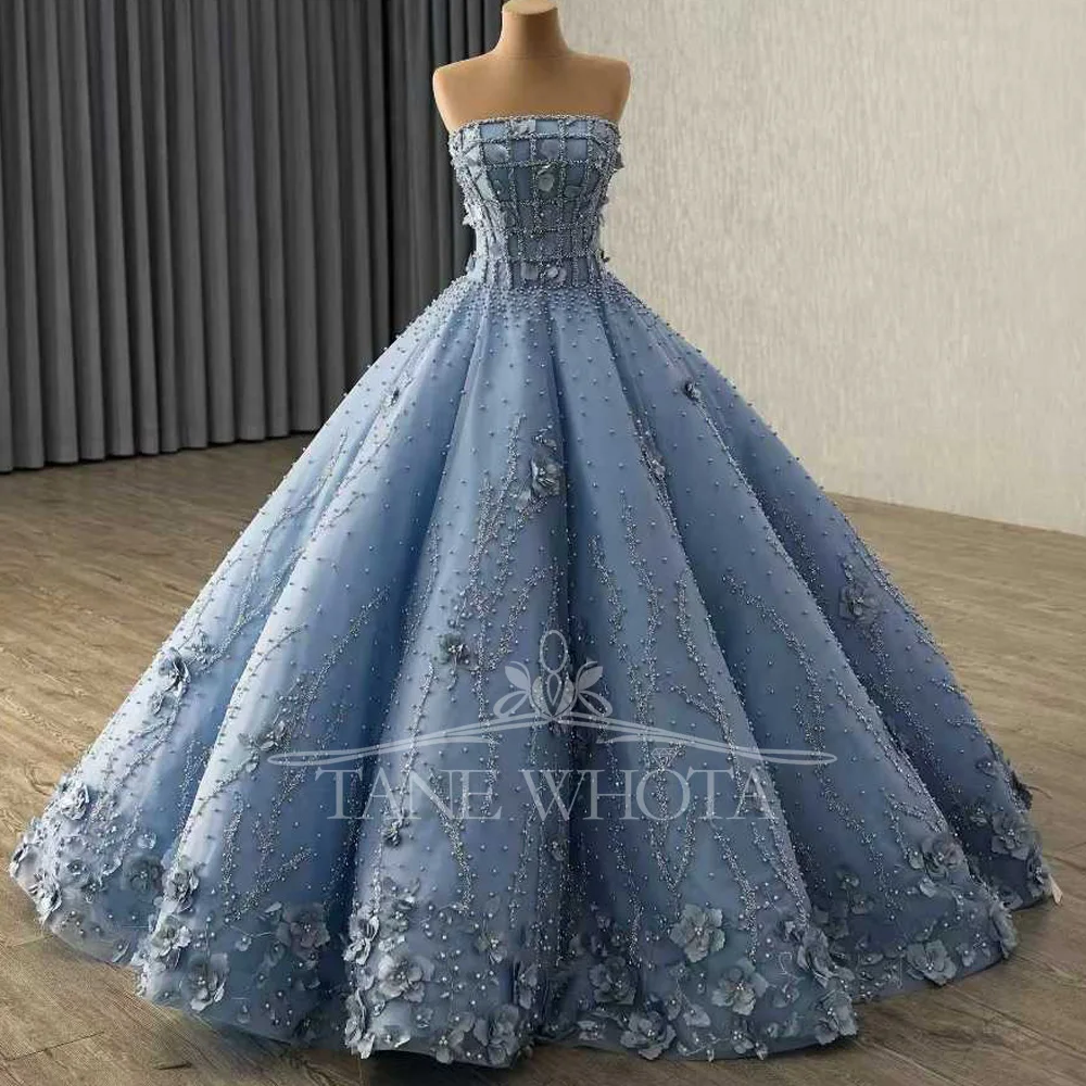 فستان سهرة أزرق بدون حمالات بدون أكمام مع زينة مطرزة بالخرز برباط من الخلف فستان حفلات فاخر قابل للتخصيص