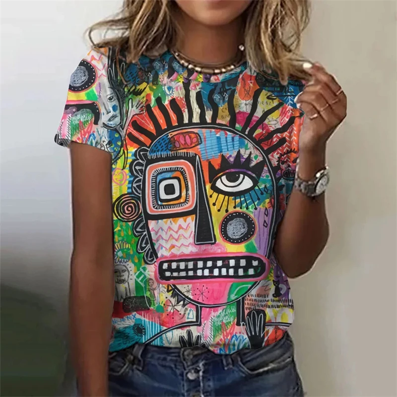 

Abstract Women's T-Shirt 3D Abstraction Face Printed Tops Casual Harajuku Round Neck Short Sleeve Summer Loose T Shirt For Women
