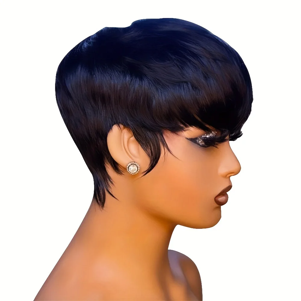 픽시 컷 스트레이트 인모 가발 여성용 전체 기계 제작 인모 가발 150% 밀도 6인치