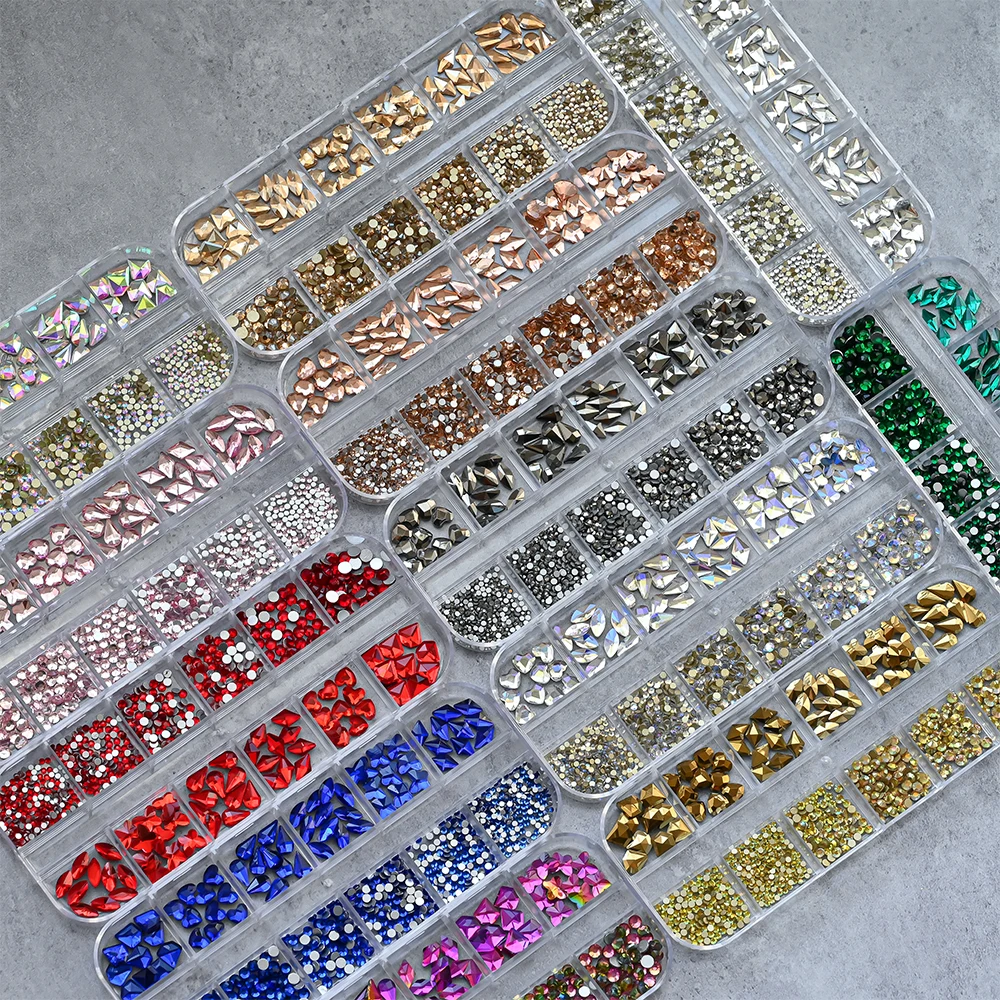 12 그리드 3D 빨간색 유리 네일 아트 라인 석 플랫 백 라운드/하트/나비/드롭 다이아몬드 손톱 용품 DIY 전화 케이스 매니큐어 보석