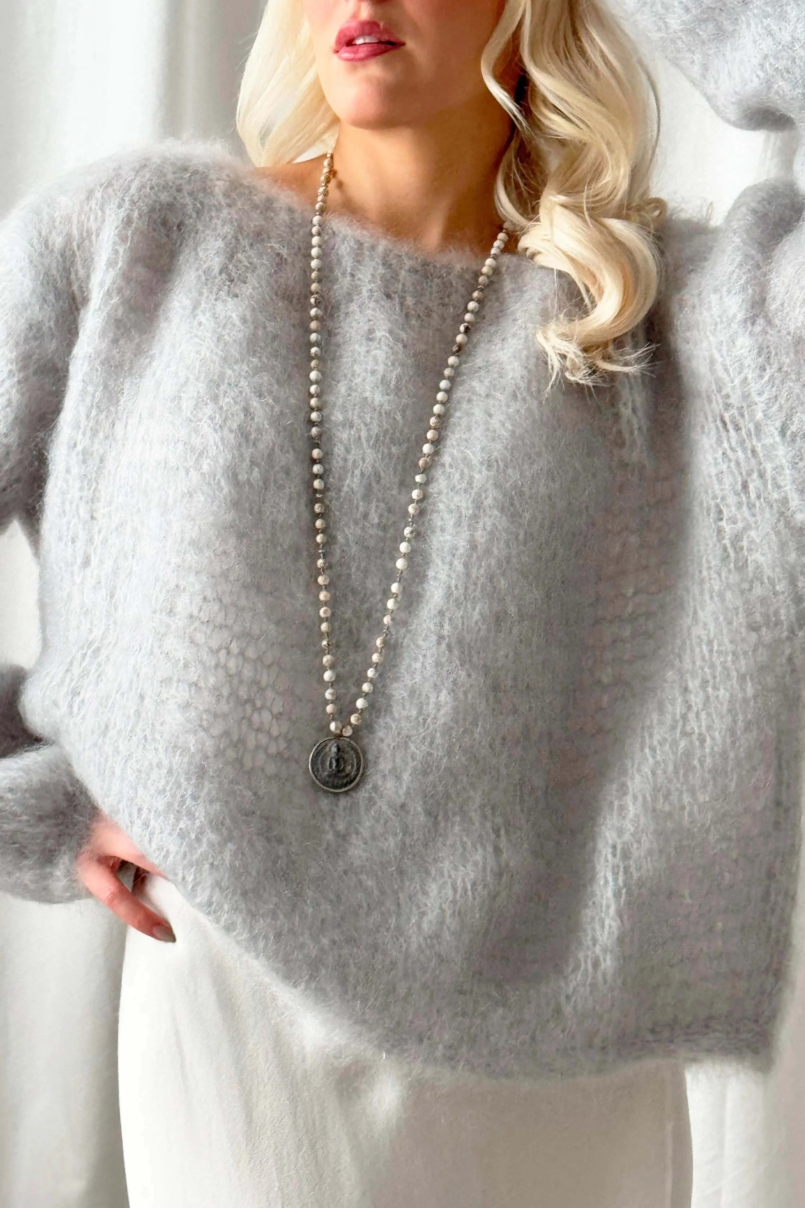 Modischer, lässiger Damenpullover, langärmeliger Strickpullover, weicher und bequemer Pullover mit einhalsausschnitt aus Wollstruktur