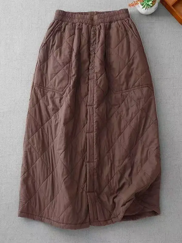High-End Retro Thickened Cotton Women's Skirt Diamond Pattern Warmth Commute High Waist A-Line Skirt Elastic Waist Design