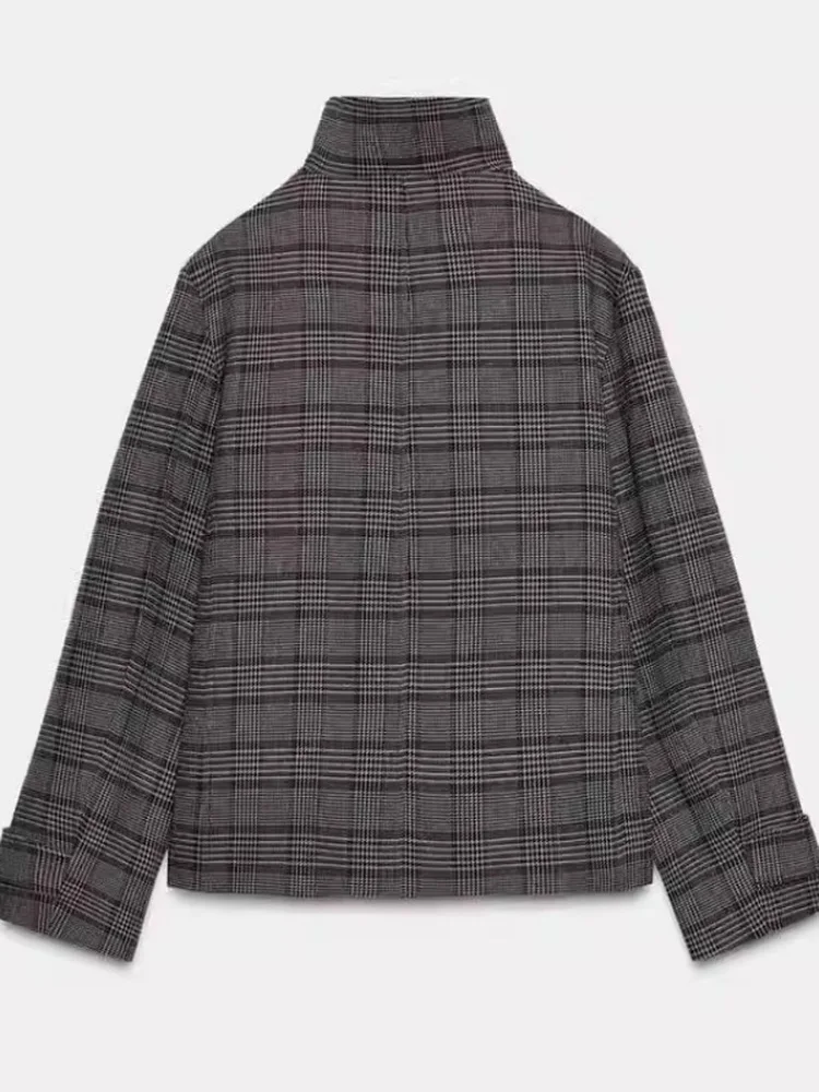 2022 Winter Nieuwe Sle Dames Lange Sve Opstaande Kraag Plaid Double Breasted Jaet Pendelen Faion Loose Fit Polyestervezel