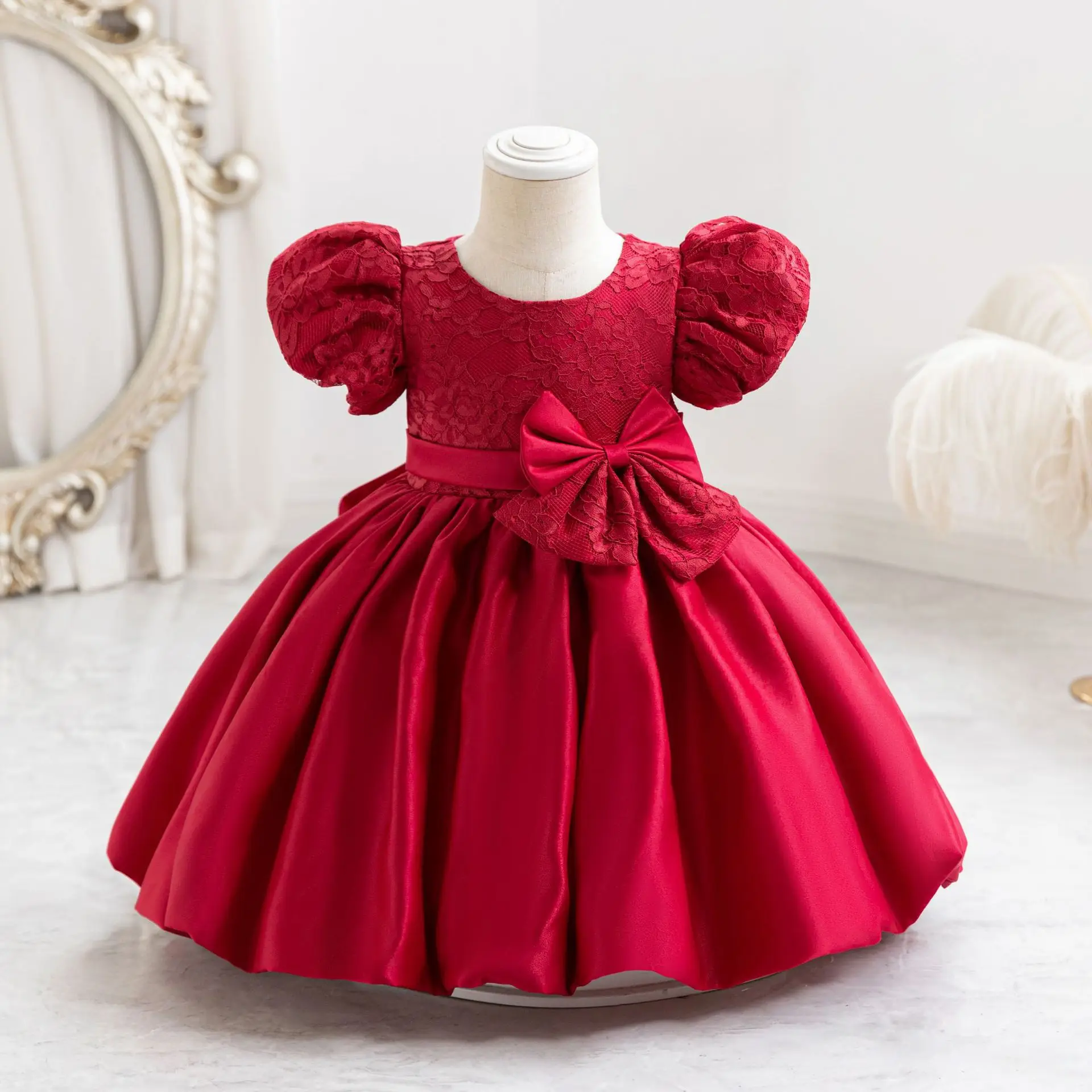 2024 New Girls Party Dress for Children  Kids Short sleeve Solid Child Clothes Flower Girl Birthday Princess Dress Dance 1-3Y