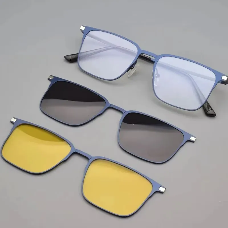 Polarized Magnetic Sleeve Mirror Men Myopia Magnet Sunglasses Adsorption Clip On Glasses Blue Frames Silver Spectacles 3-in-1