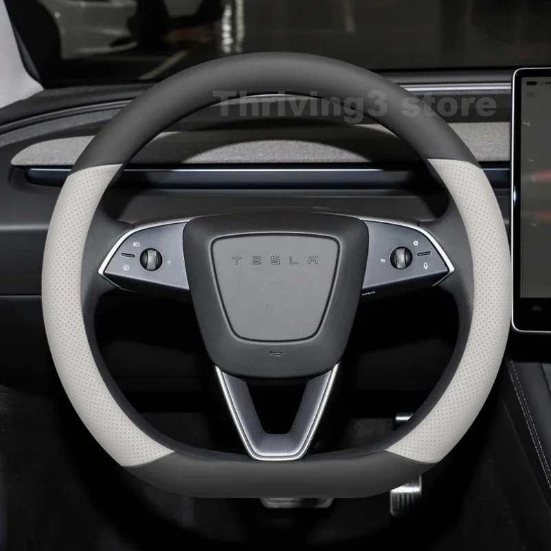 36,5 cm Luxuriöser Zweifarbiger Leder-Lenkradbezug für Tesla Model 3 / Model 3 Highland Tesla Model Y Autozubehör – Detail 2