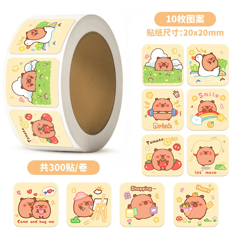 300/600Pcs Capibara 인감 스티커 귀여운 만화 Capybara 장식 롤 스티커 DIY 전화 노트북 씰링 스티커 어린이 스티커