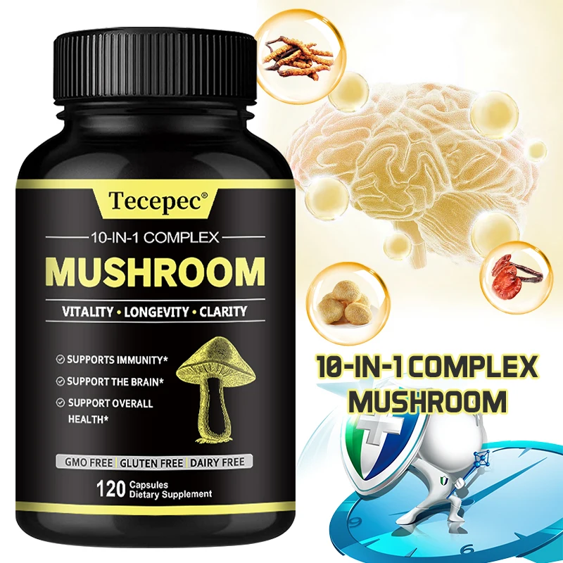 

Organic Mushroom Capsules - 10-in-1 Complex with Cordyceps and Reishi Extracts-Supports Brain, Immune System, and Overall Health