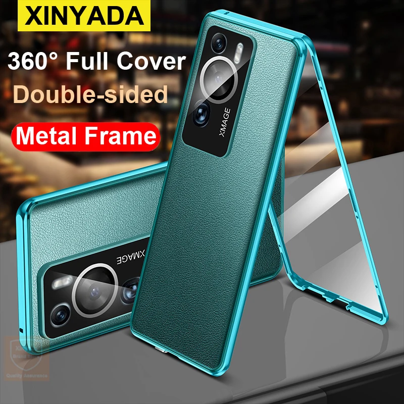 For Huawei P60 Pro Case 360 Covers Tempered Glass Flip Leather Phone Case For Huawei P60 Pro Cover Metal Double Sided Luxury Bag