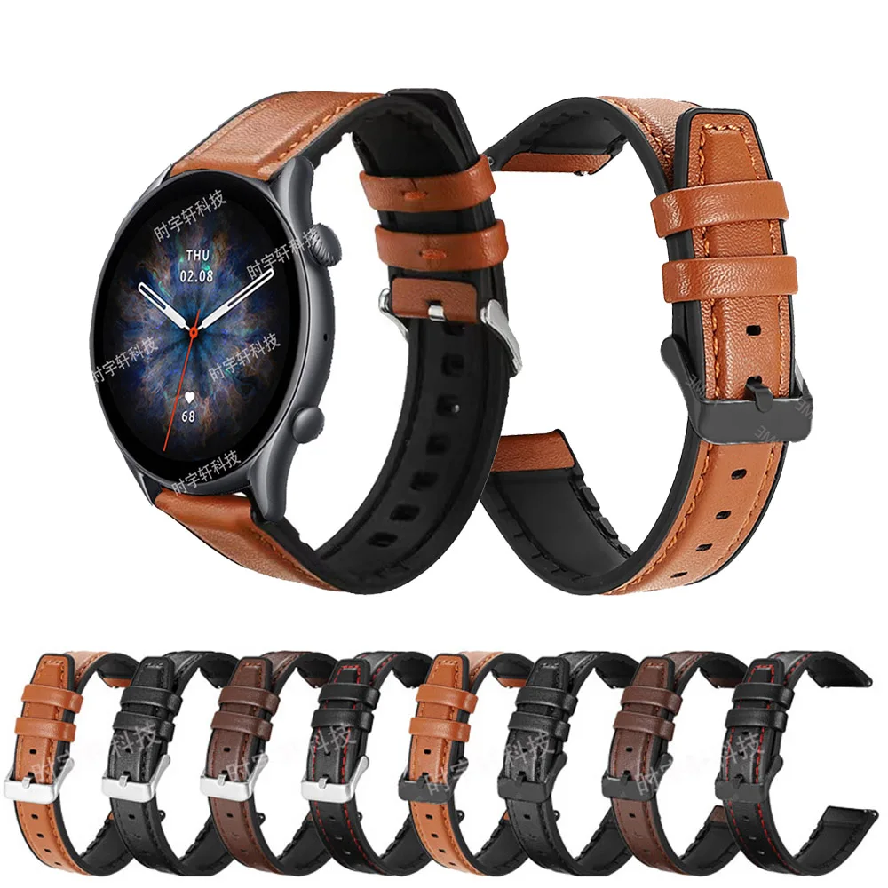 For Amazfit GTR 3 Pro Smartwatch Band 22mm Leather Silicone Strap For Amazfit GTR 4/2 2E/47mm/Stratos 3 2S 2/Pace/Bip 5 Bracelet