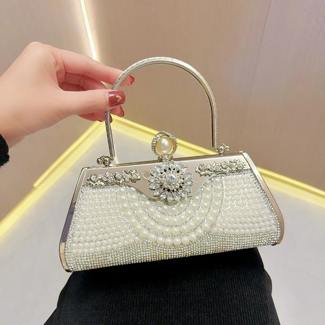 Women Pearl Metal Tote Bag Elegant Evening Bag Luxury Designer Handbags Vintage Crossbody Bag Wedding Party Clutch Purse Bags