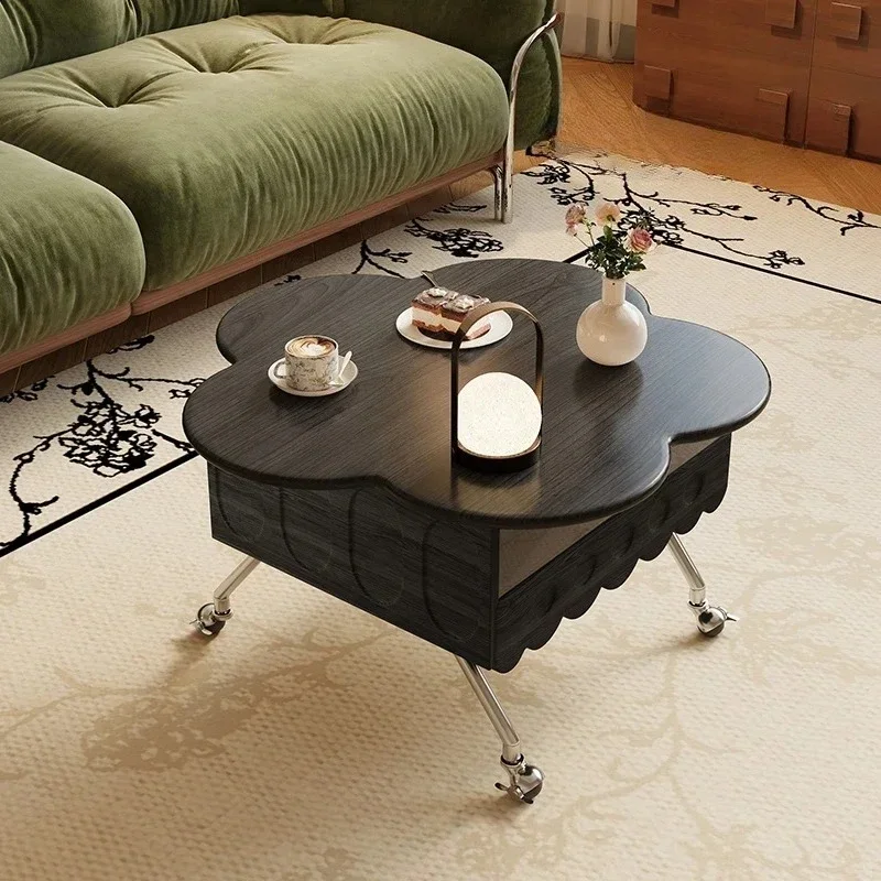 JJ Nordic Solid Wood Retro Lifting Mobile Coffee Table Small Apartment Living Room Mid-Ancient Tea Table Petals Side Table