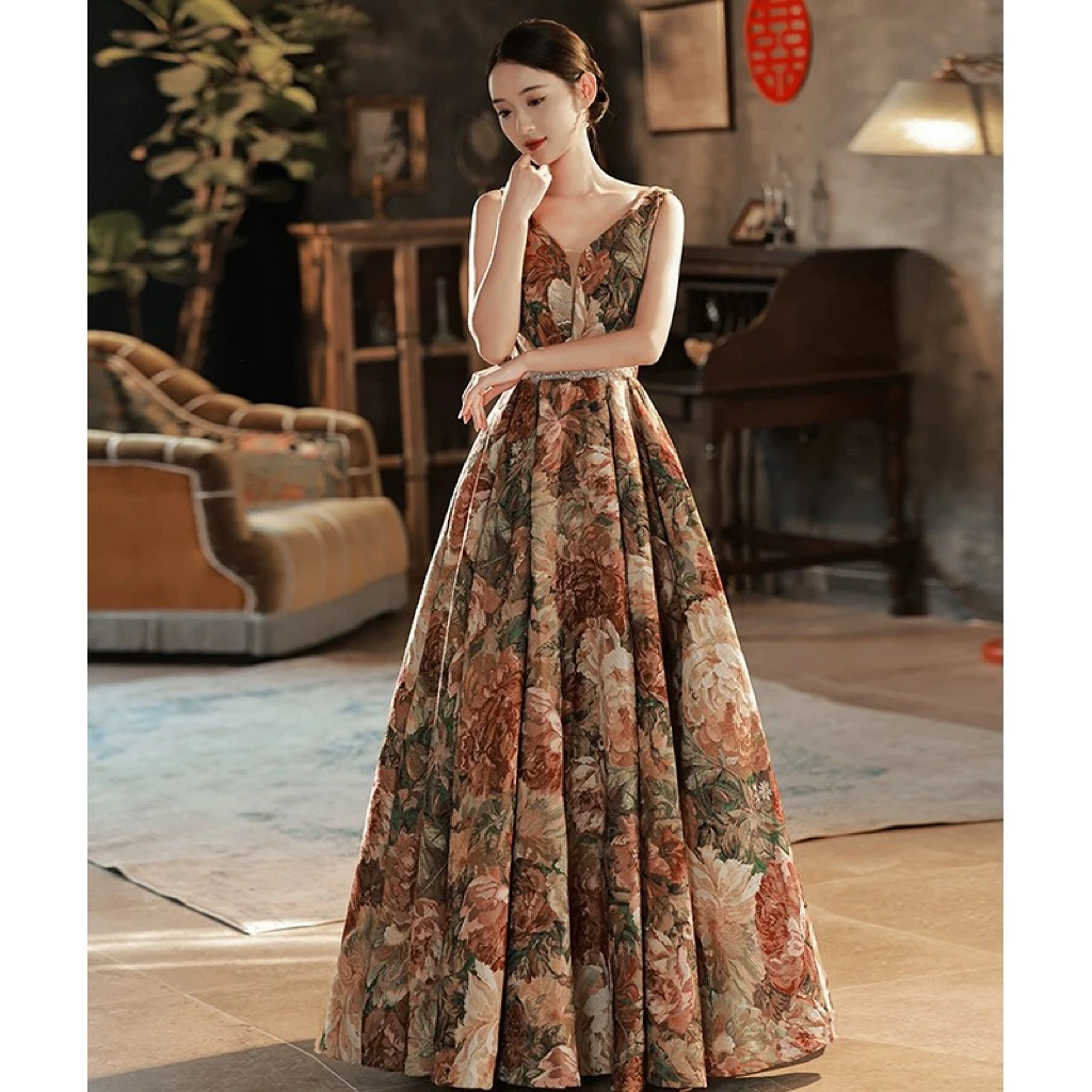 Jacquard V-neck Celebrity Dress Sleeveless Lace-up A-line Floor Length Vintage Flower Formal Occasion Evening Party Gowns 2024